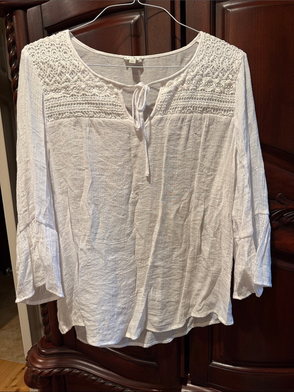 Spense White Crochet Yoke Tie-Front Peasant Blouse